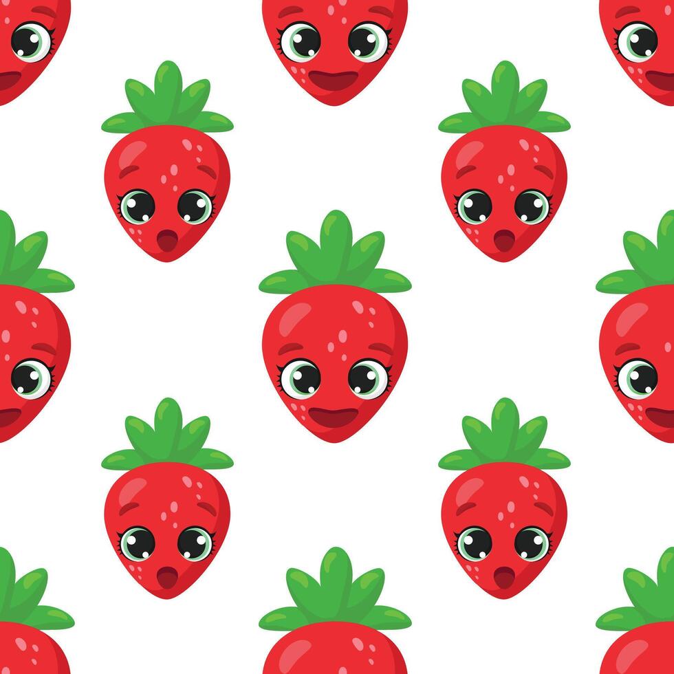Seamless pattern with cute strawberry faces on a white background. Perfect for fabric prints, wallpapers, packaging, and digital designs vector