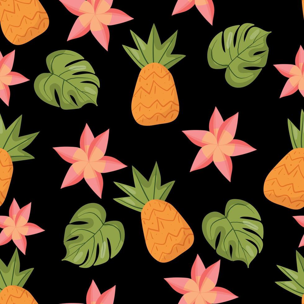Pineapple, monstera leaves, and exotic flowers in a seamless pattern. A perfect background for summer designs, beachwear, and vibrant packaging vector