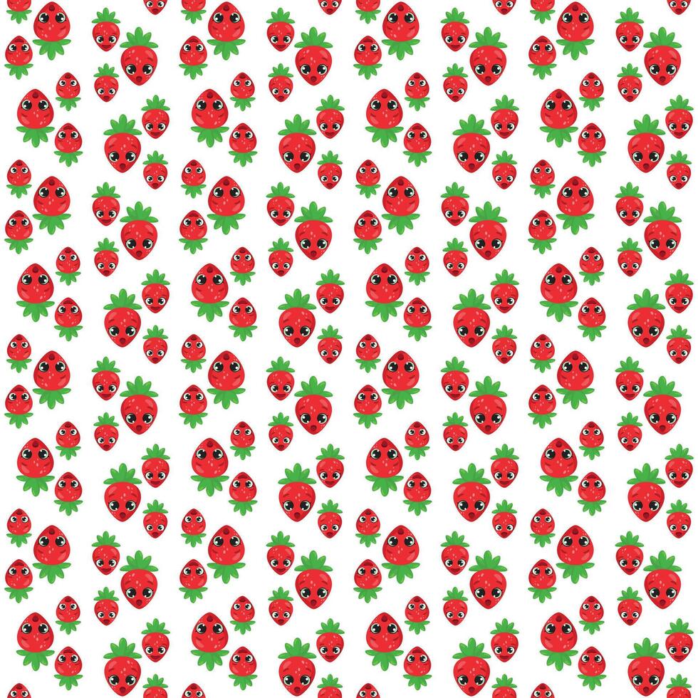 Seamless pattern featuring cheerful strawberries with expressive faces on a white background. Ideal for fabric, textiles, wallpapers, packaging, and creative design projects vector
