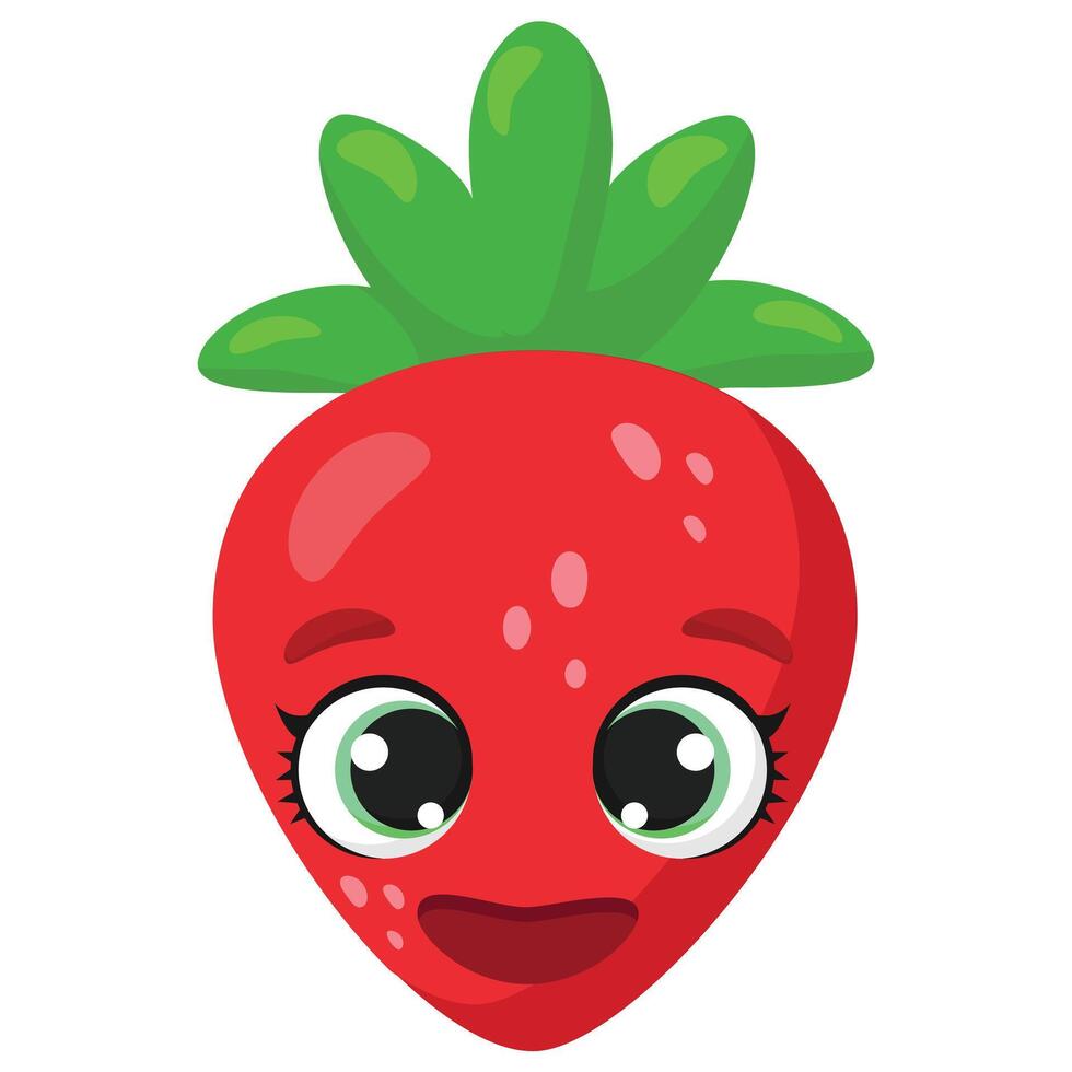 Bright and expressive strawberry character with big sparkling eyes and a cheerful smile. Perfect for stickers, packaging, branding, kids' products, and digital designs vector