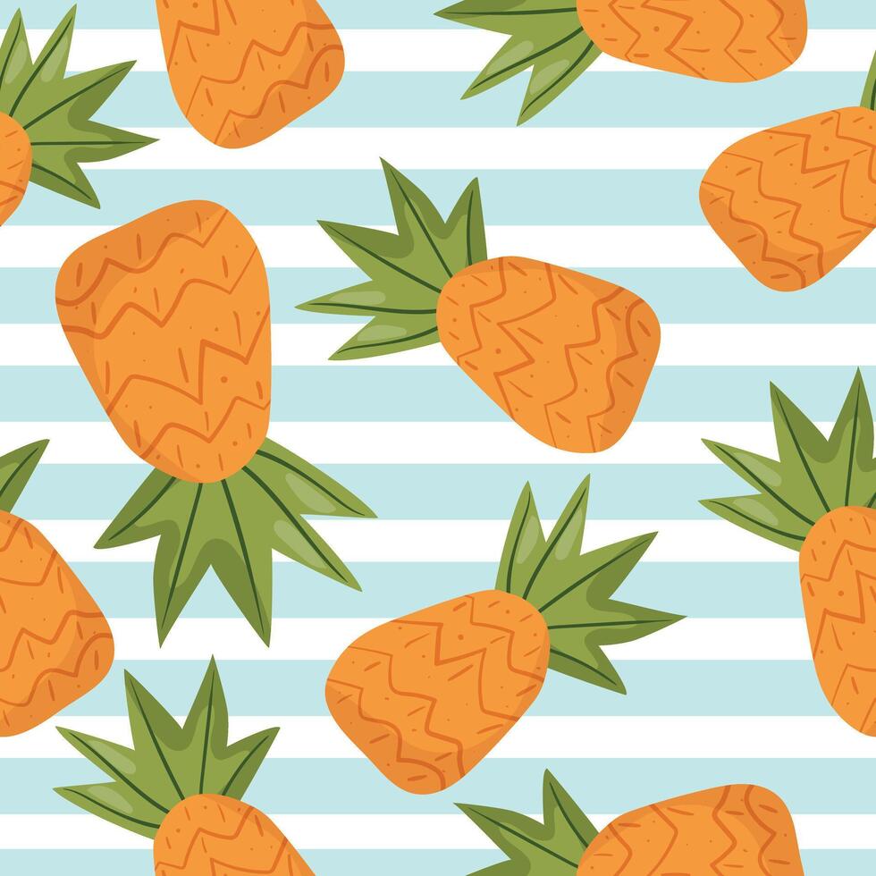 Seamless tropical pattern featuring fresh pineapples on a striped blue and white background. Perfect for summer-themed designs, textiles, wallpapers, packaging, and beach-inspired projects vector