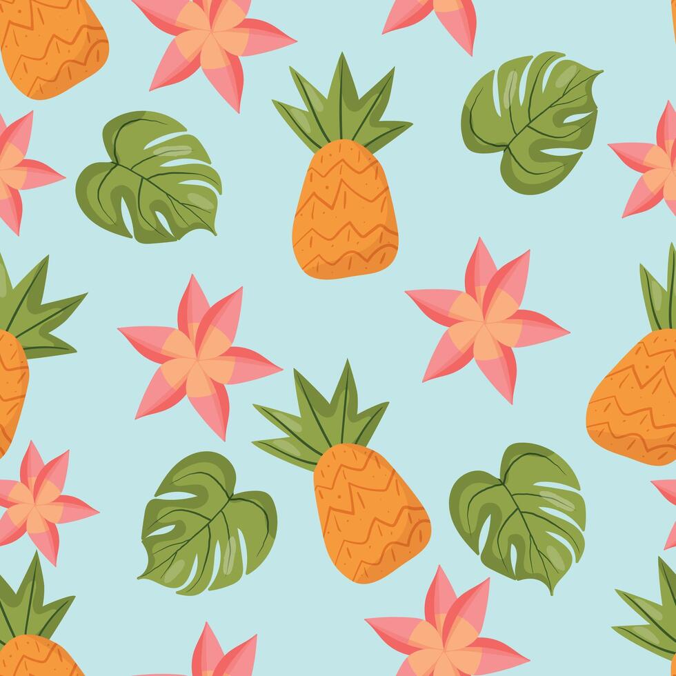 Seamless tropical pattern with pineapples, monstera leaves, and exotic flowers on a soft blue background. Ideal for summer designs, textiles, wallpapers, and vacation-themed projects vector