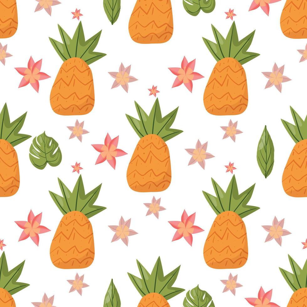 Fresh, juicy pineapple pattern with exotic leaves and soft floral details. Ideal for summer fashion, swimwear prints, and eco-friendly packaging vector