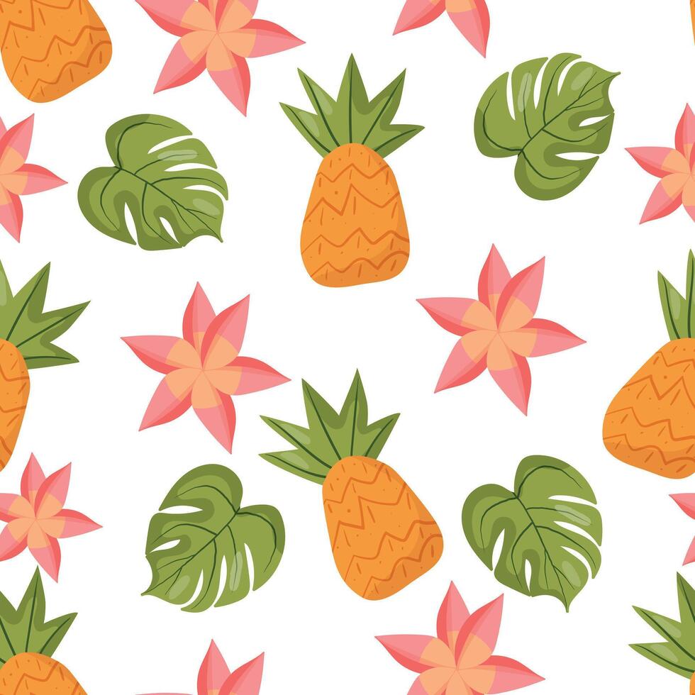 Seamless tropical pattern with pineapples, lush green leaves, and delicate pink flowers. Perfect for summer designs, textiles, wallpapers, and decorative prints vector