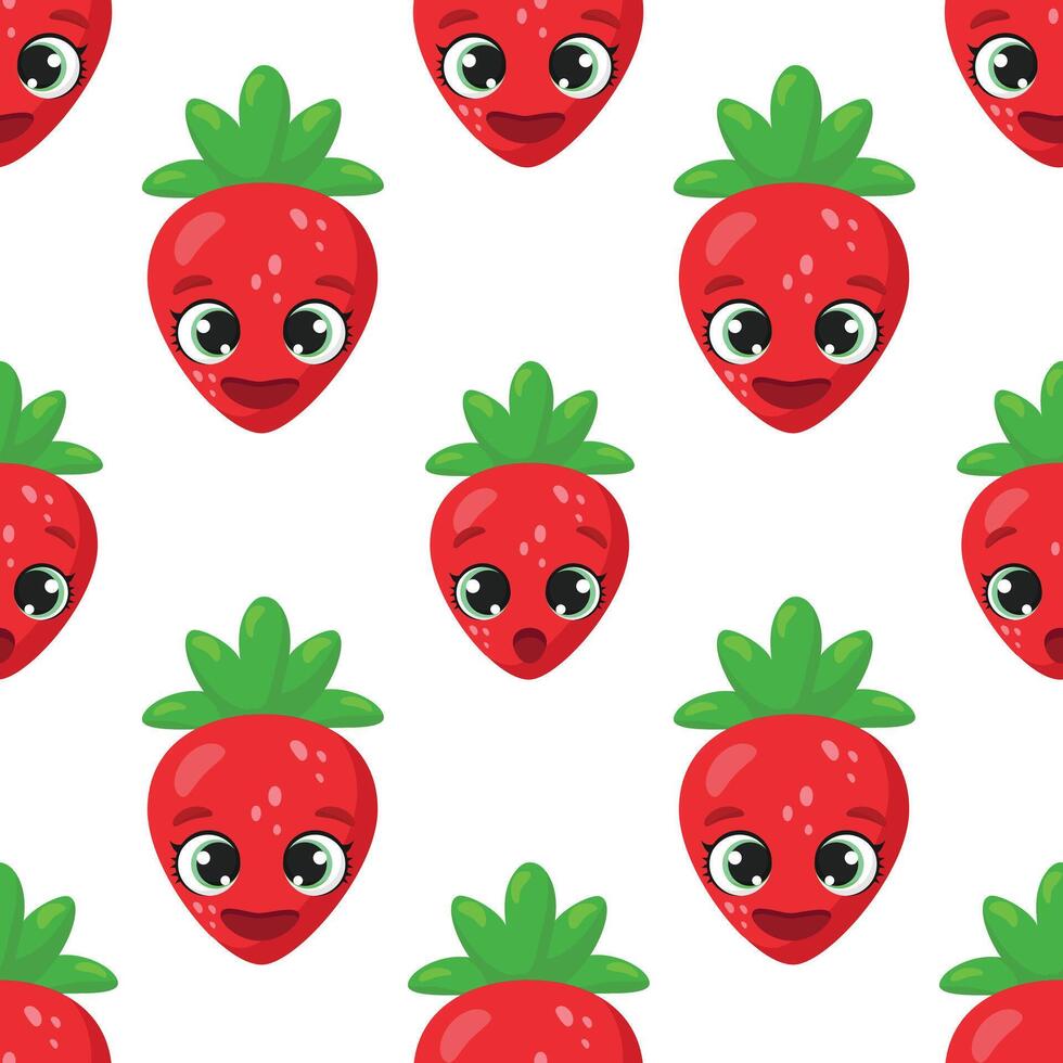 Seamless pattern of vibrant strawberries with expressive faces on a clean white background. Perfect for fabric, packaging, wallpaper, and creative design projects vector