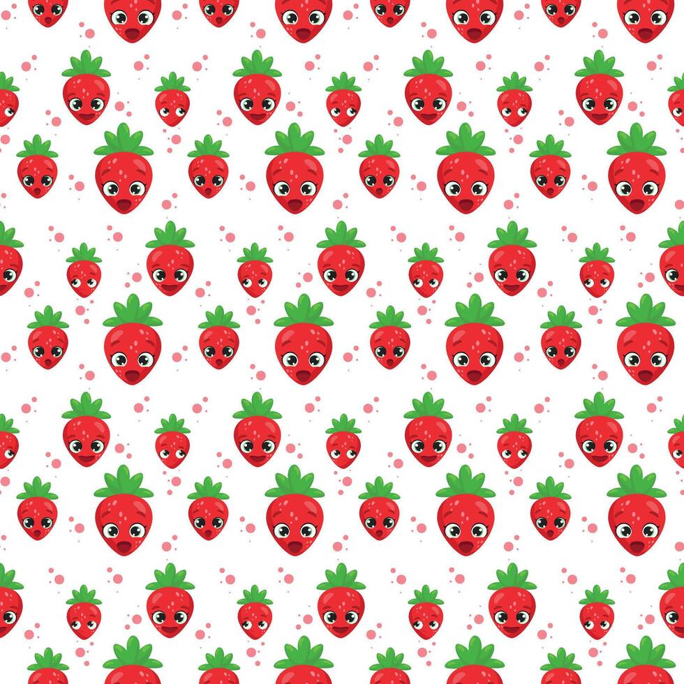 Seamless pattern with expressive strawberry characters on a white background. Playful and cheerful fruit design, perfect for fabric, wallpapers, gift wrap, branding, and digital projects vector