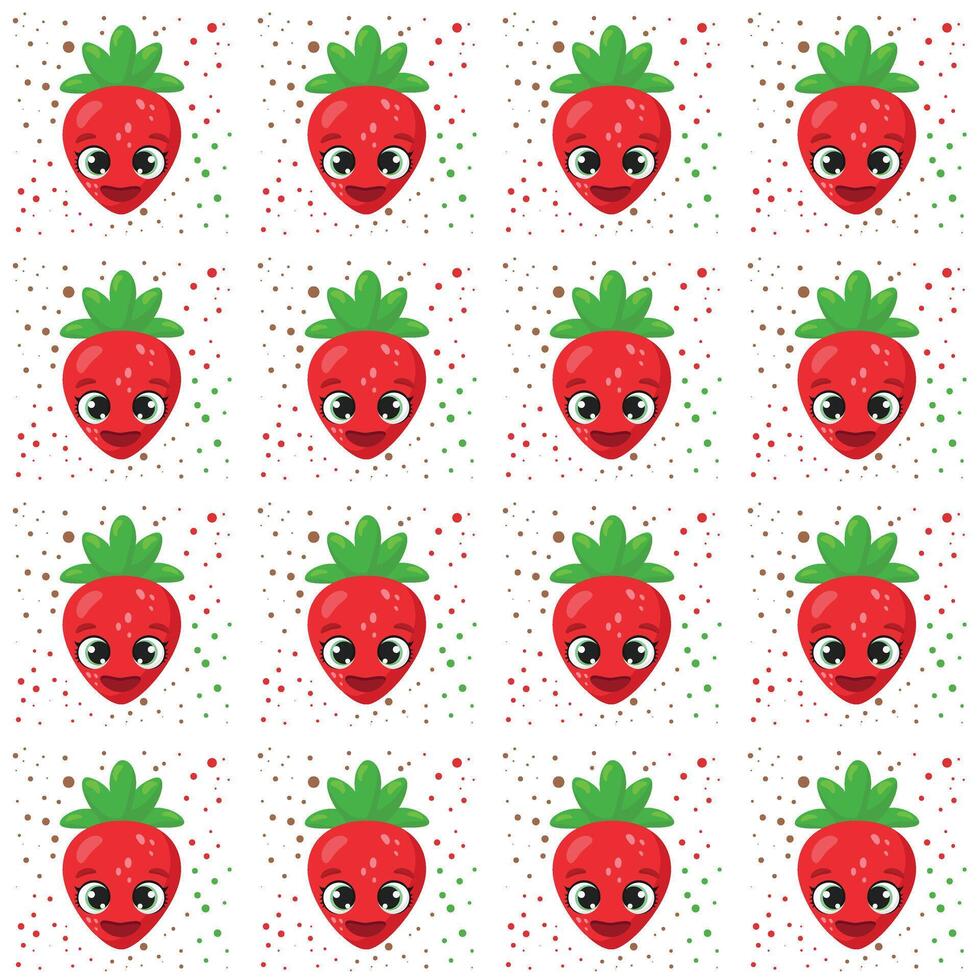 Seamless pattern featuring smiling strawberries with vibrant green leaves on a white background vector