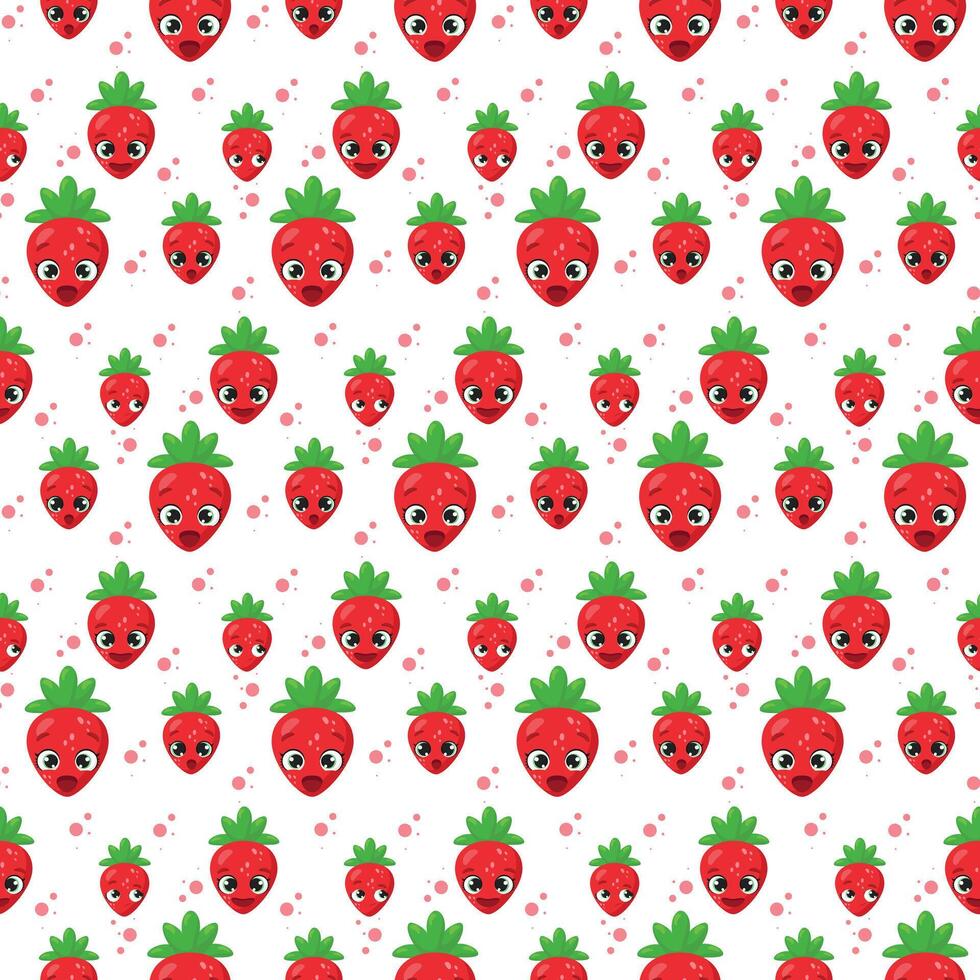Seamless pattern featuring vibrant strawberries with expressive faces on a white background. Ideal for fabric, packaging, stationery, wallpaper, and digital projects vector