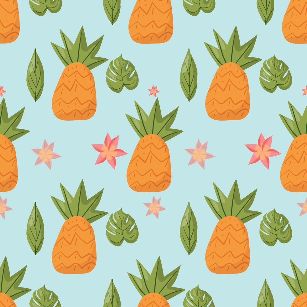 Seamless tropical pattern featuring pineapples, monstera leaves, and exotic flowers on a soft blue background. Ideal for summer-themed designs, textiles, wallpapers, and vacation-inspired projects vector