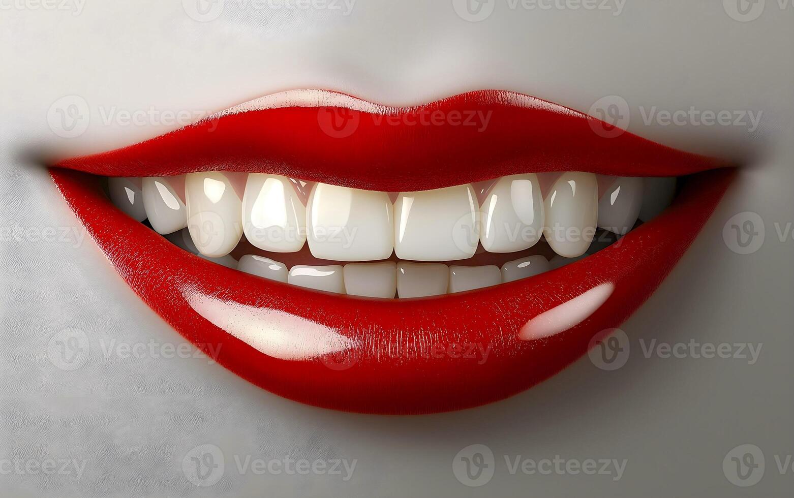 Close up of glossy red lips and radiant smile. Teeth healthcare. White smile. photo