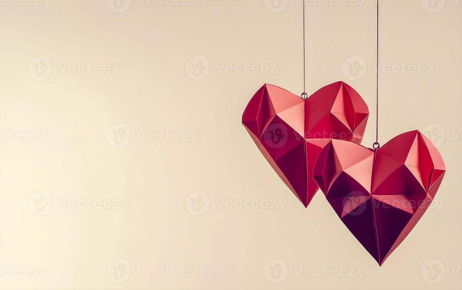 Hanging red heart shapes of paper against soft neutral background. Happy Valentines Day greeting card, header website and social media post. photo