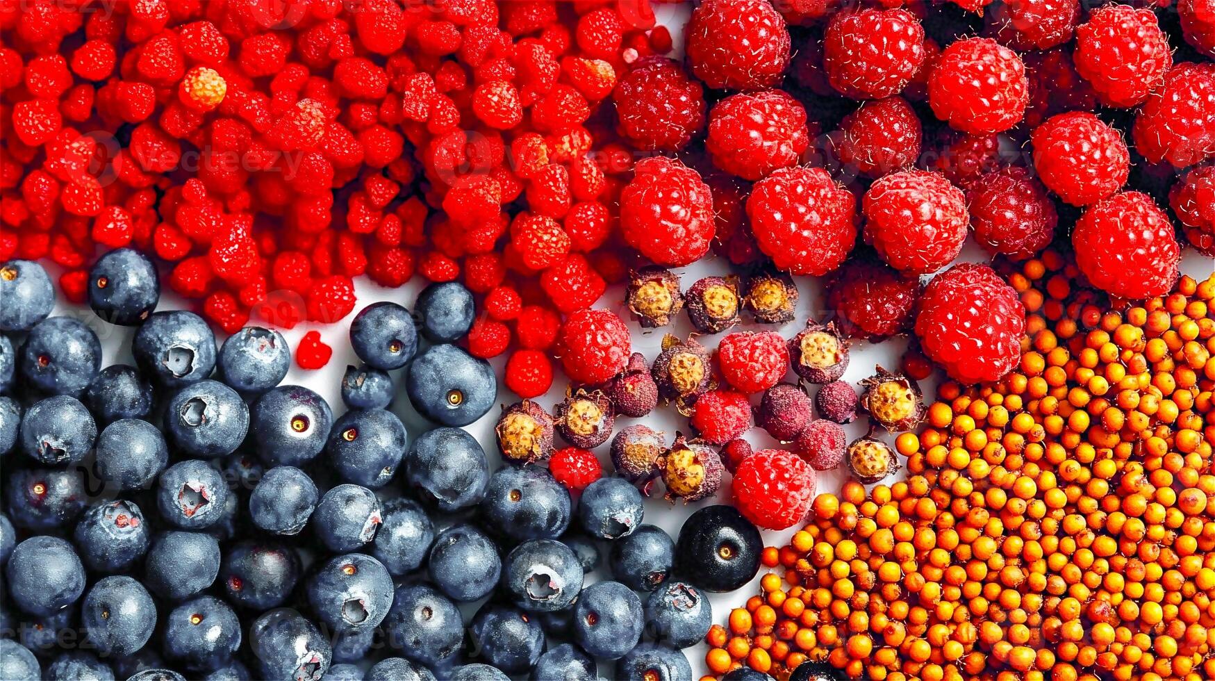 Flat lay of mixed berries such as raspberry, and blueberry isolated on a white background. . photo