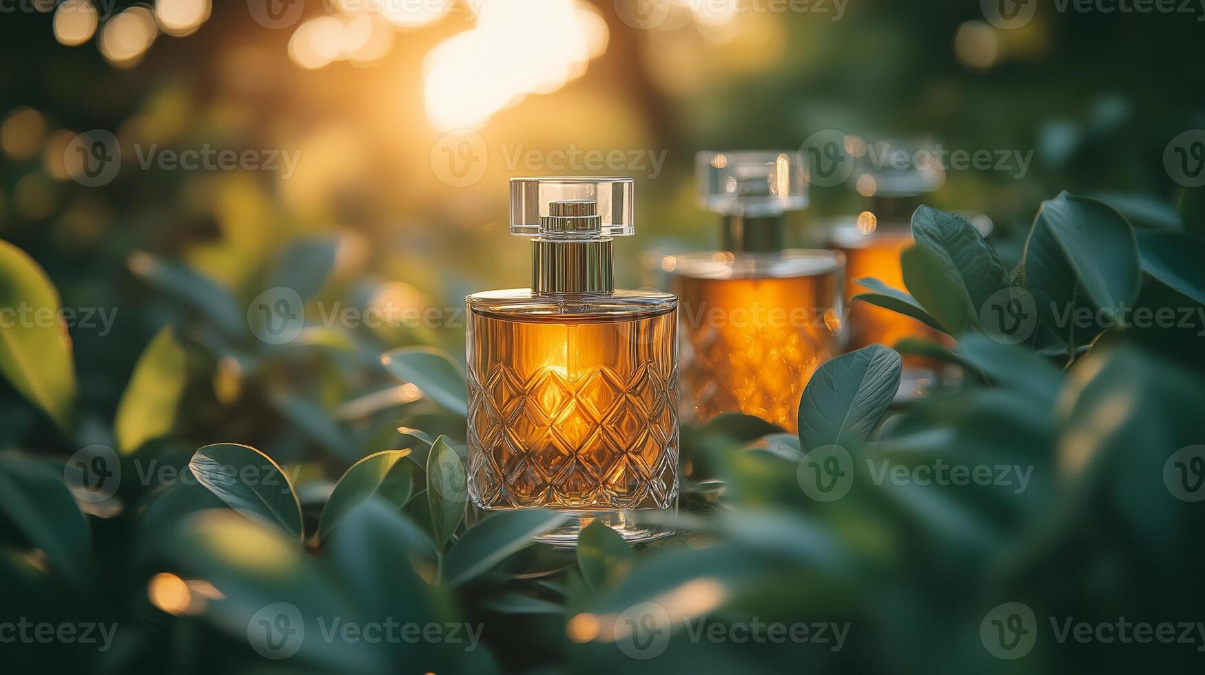 Elegant crystal perfume bottles in nature with sunlit background. photo