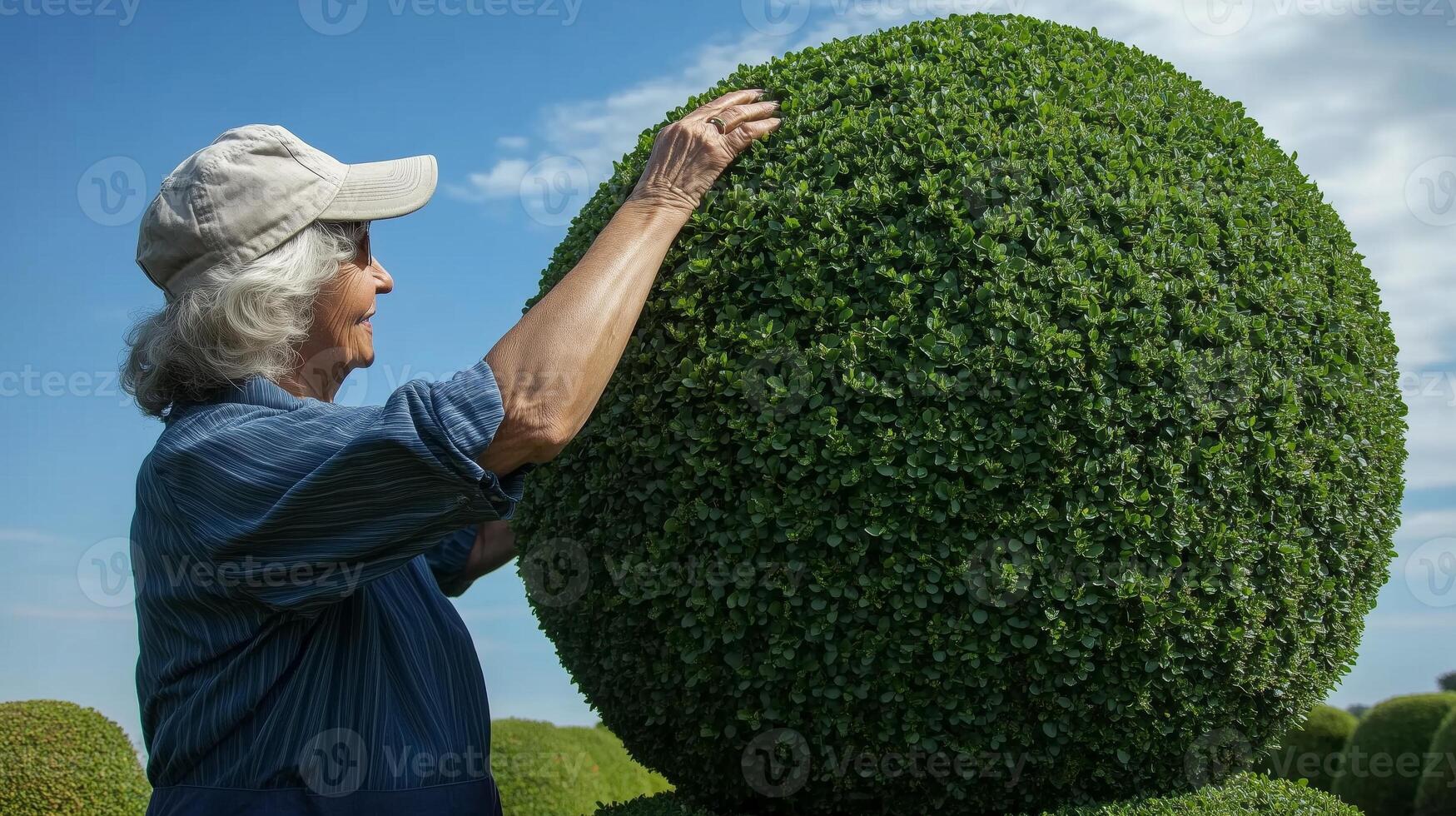 Elderly woman tending perfectly shaped topiary hedge in garden. photo