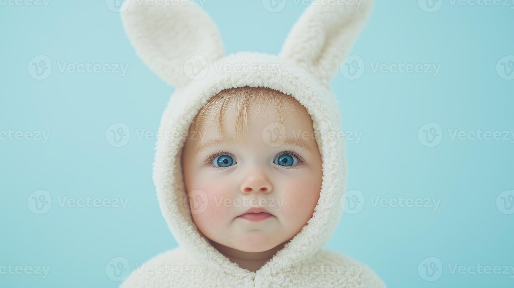 Close-up of a cute baby with blue eyes wearing a fluffy bunny costume against a soft blue backdrop. Perfect for baby-themed designs and Easter concepts photo