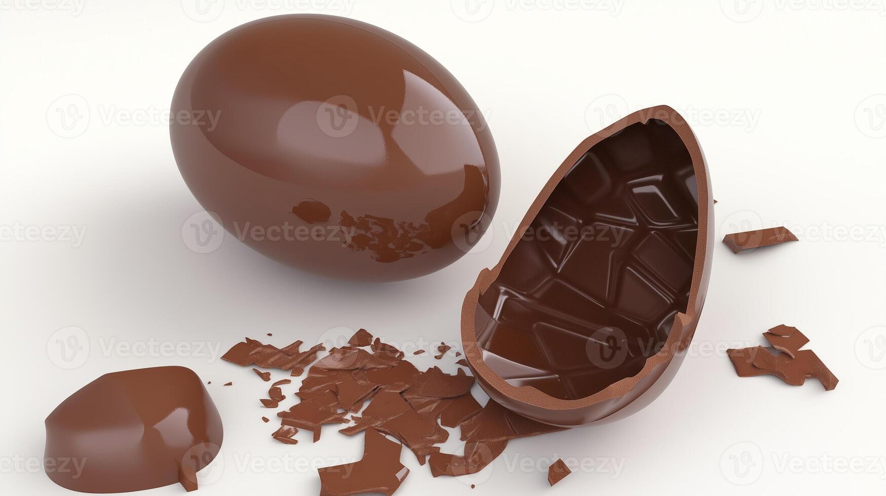 Close-up of a chocolate egg, one half broken with scattered pieces. Perfect for Easter, dessert themes, and confectionery designs. photo