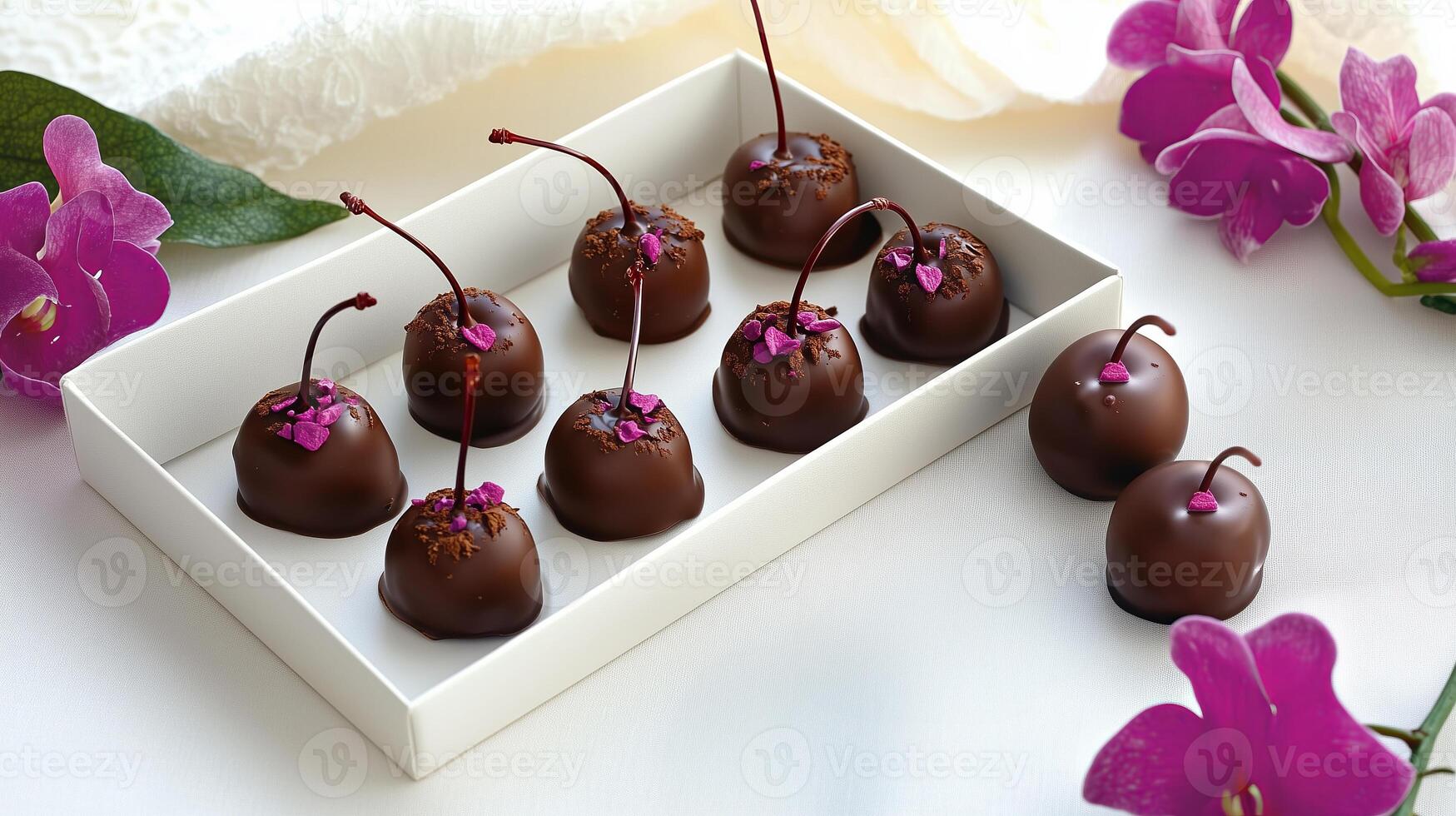 Elegant box of chocolate-covered cherries with orchids on white background photo