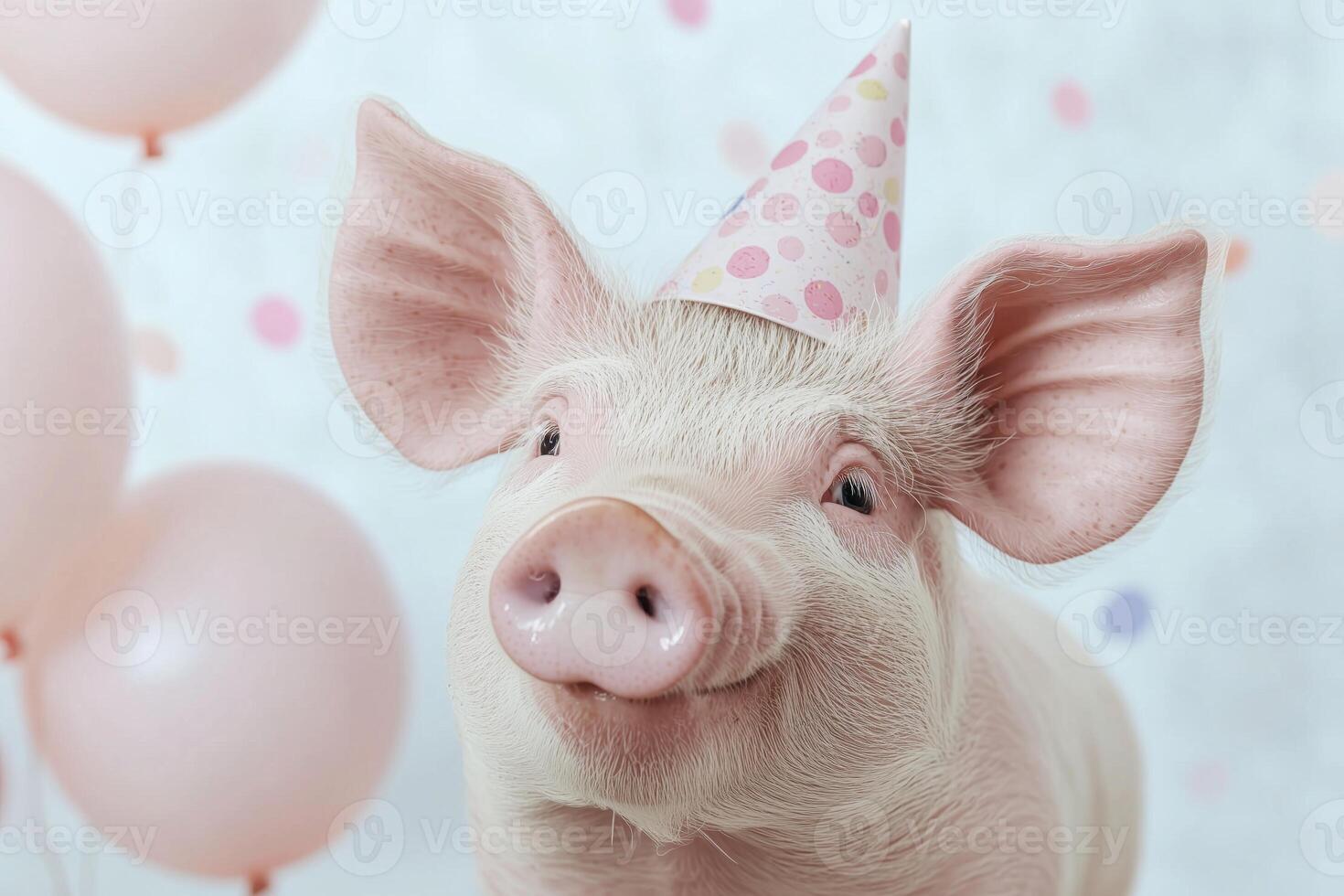 Close-up of a cheerful piglet wearing a festive party hat, surrounded by pastel balloons and polka dot decorations, celebrating in style photo