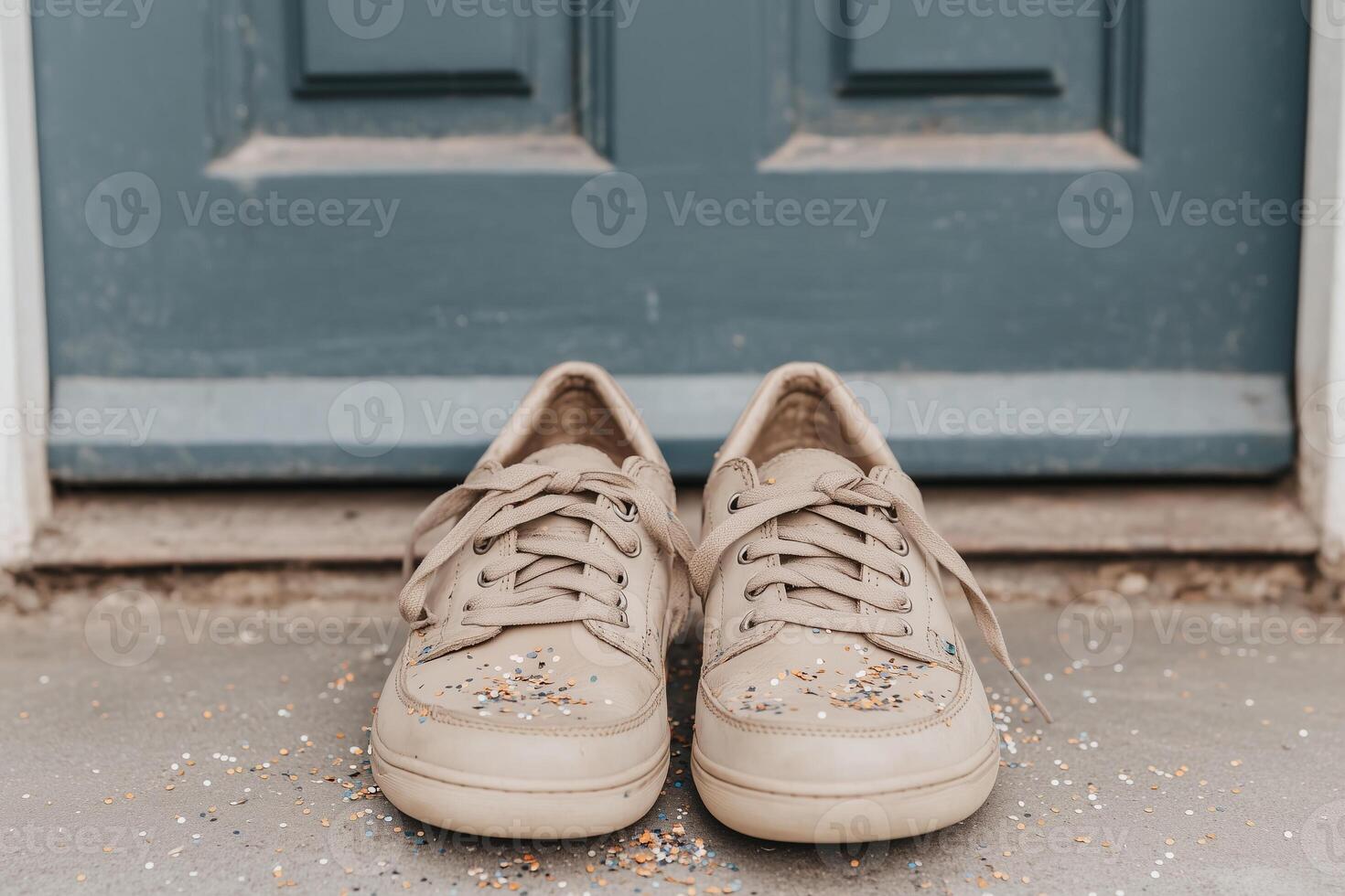 Close-up of beige sneakers sprinkled with confetti, placed on a doorstep with a rustic blue door in the background photo