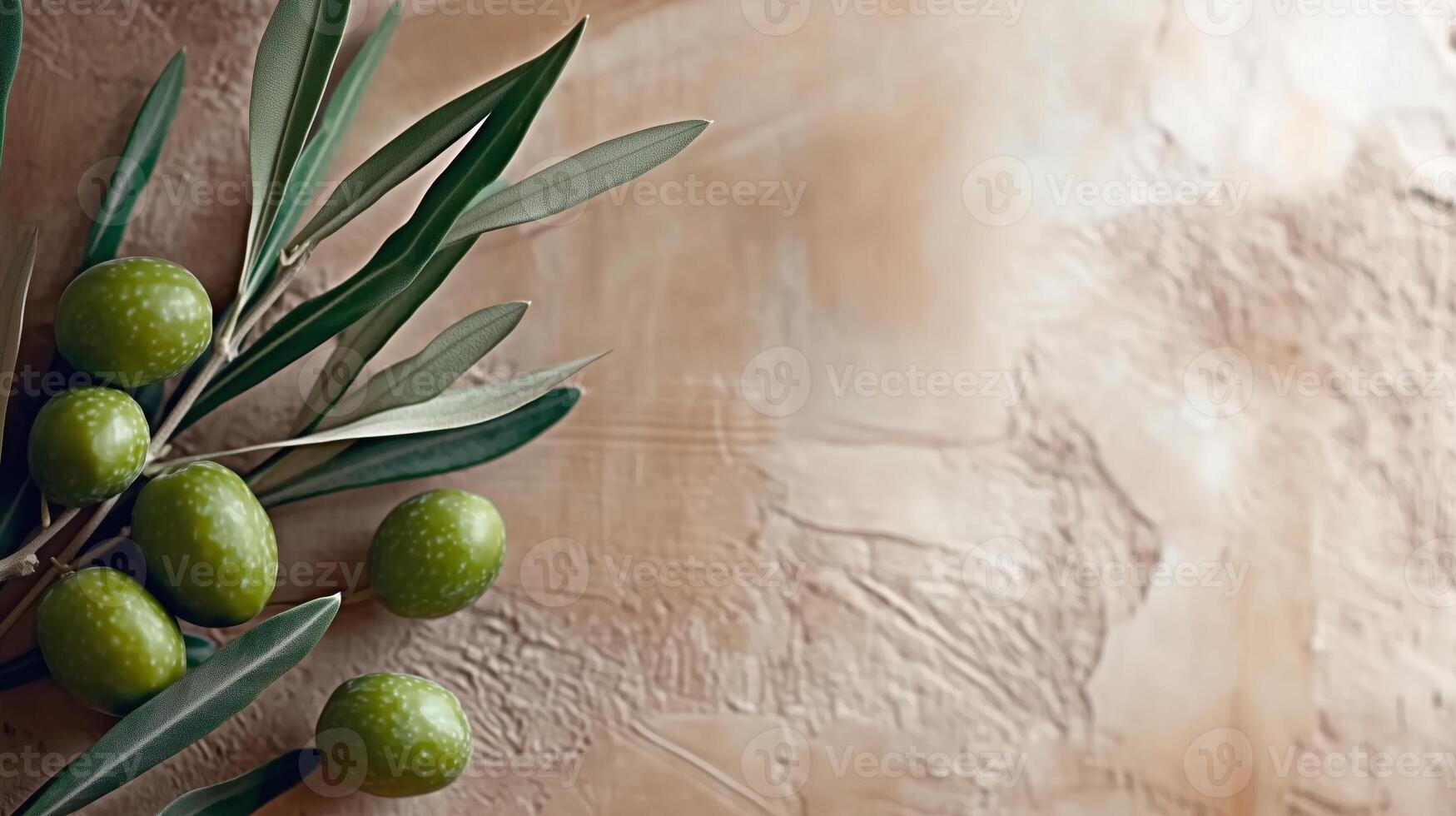 Fresh green olives on olive branch with textured background with copy space. photo