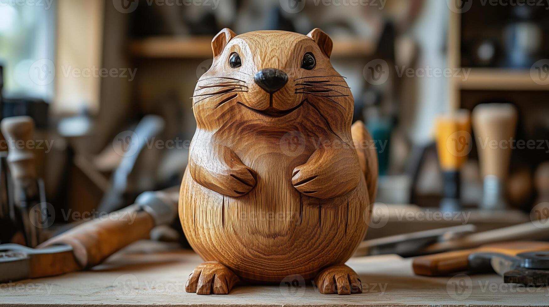 Intricately carved wooden marmot sculpture in artisan workshop with tools. Happy Groundhog Day photo