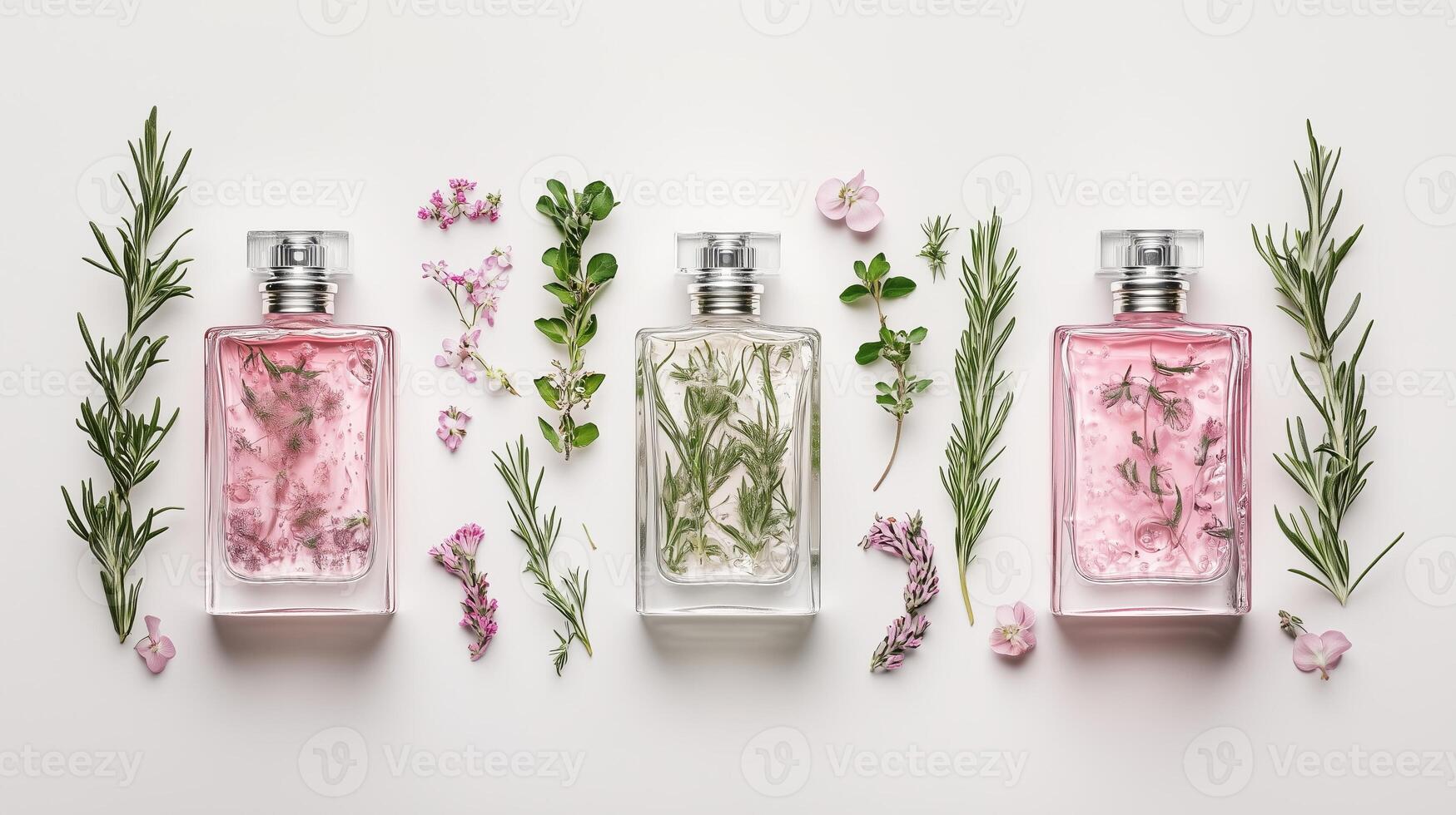 Elegant perfume bottles surrounded by greenery and pink flowers photo