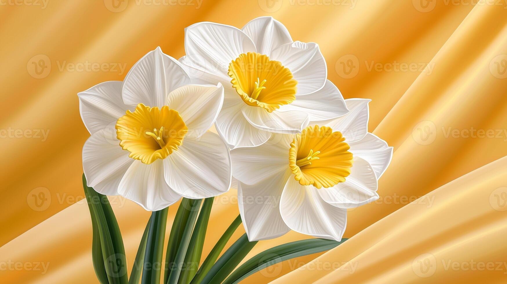 Vibrant white and yellow daffodils on a golden fabric background photo