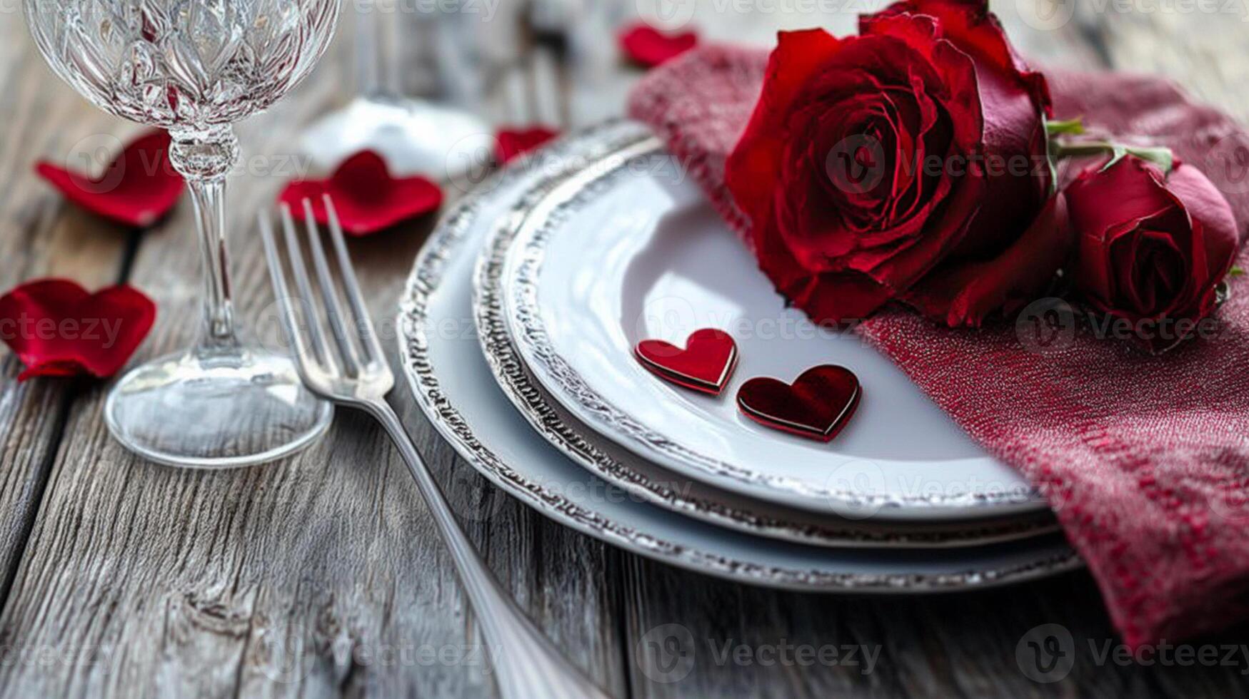 Romantic table setting with red roses and heart decorations on rustic wooden surface photo