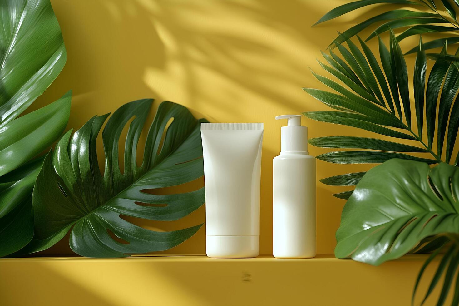 beauty products on a yellow background with palm leaves photo