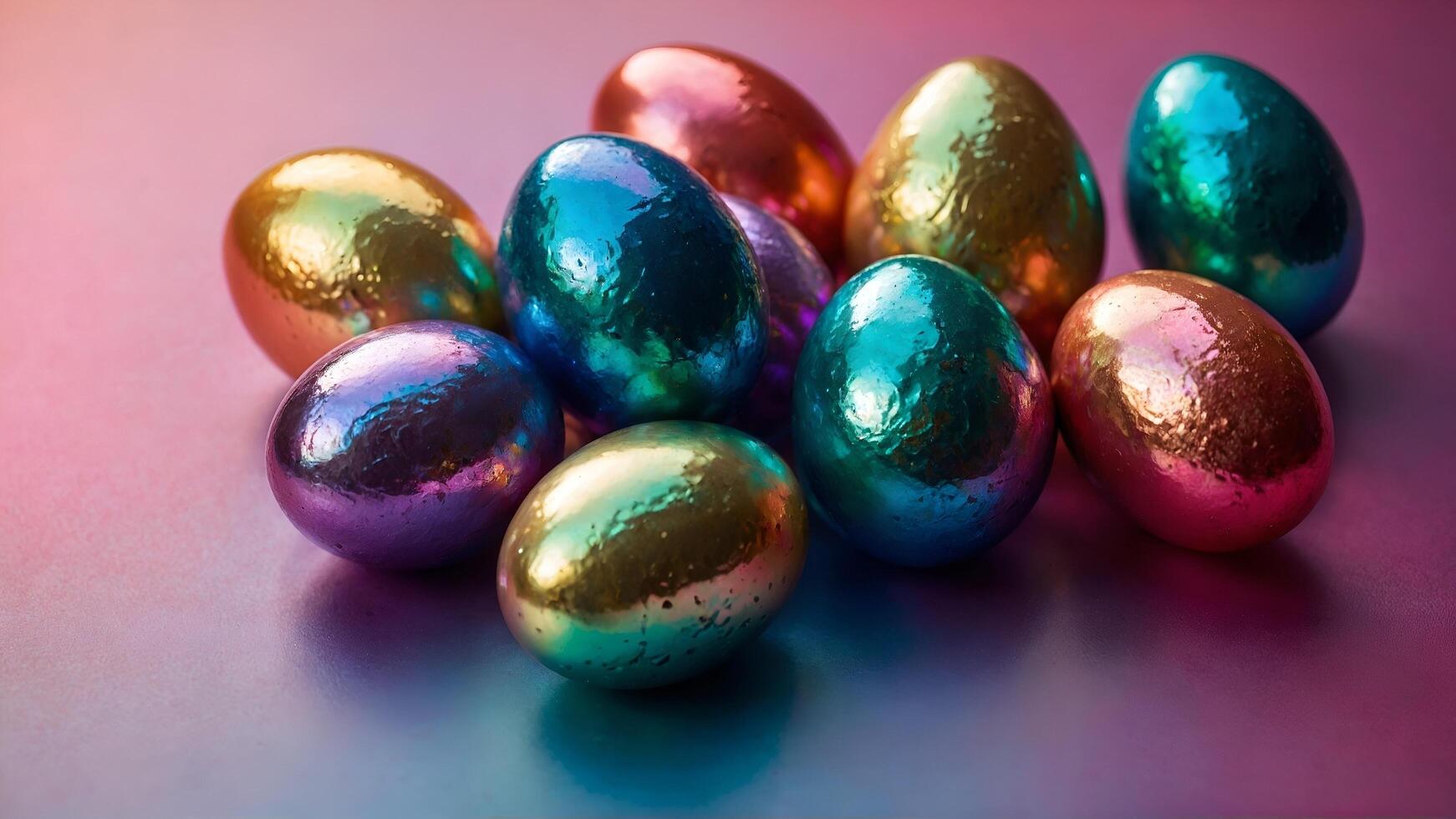 Colorful and Shiny Metallic Easter Eggs Beautifully Arranged on a Vibrant Colored Surface photo