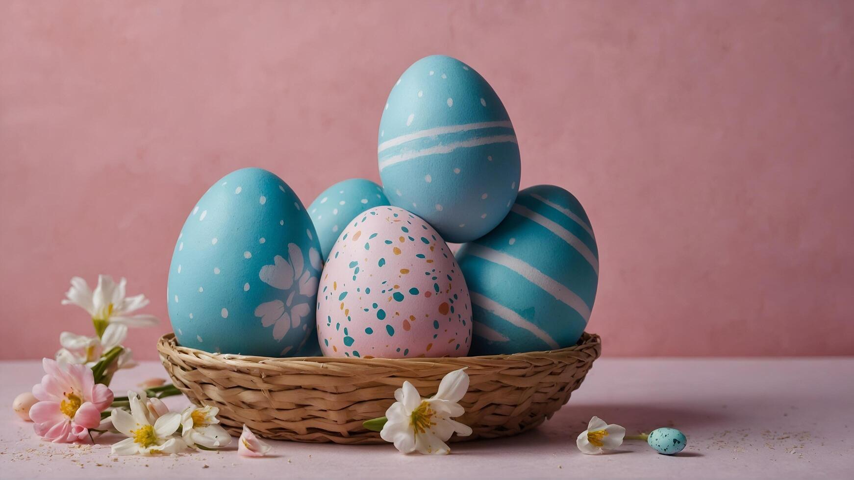 A vibrant collection of Colorful Easter Eggs beautifully arranged in a Basket with Flowers photo