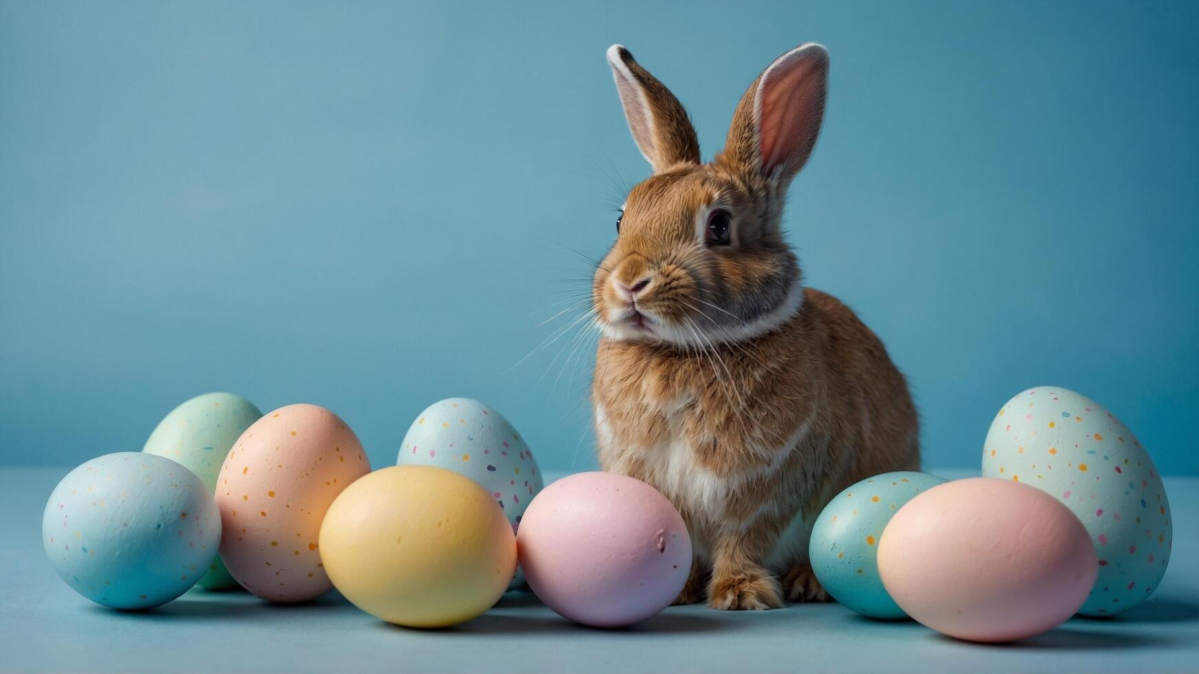 An adorable, cute rabbit is playfully surrounded by an array of colorful Easter eggs photo