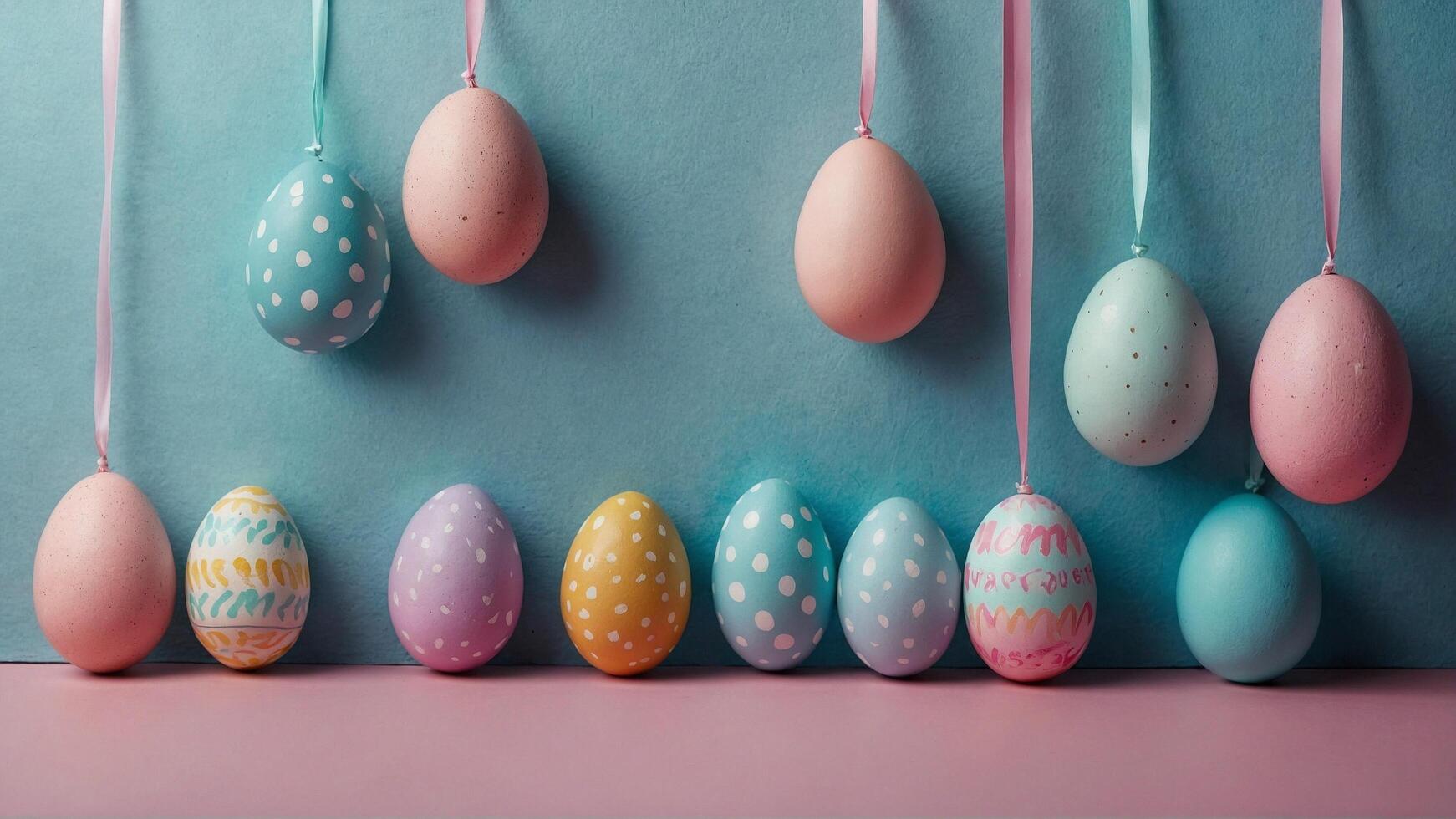 A collection of Colorful Easter Eggs displayed beautifully on a soft Pastel Background photo