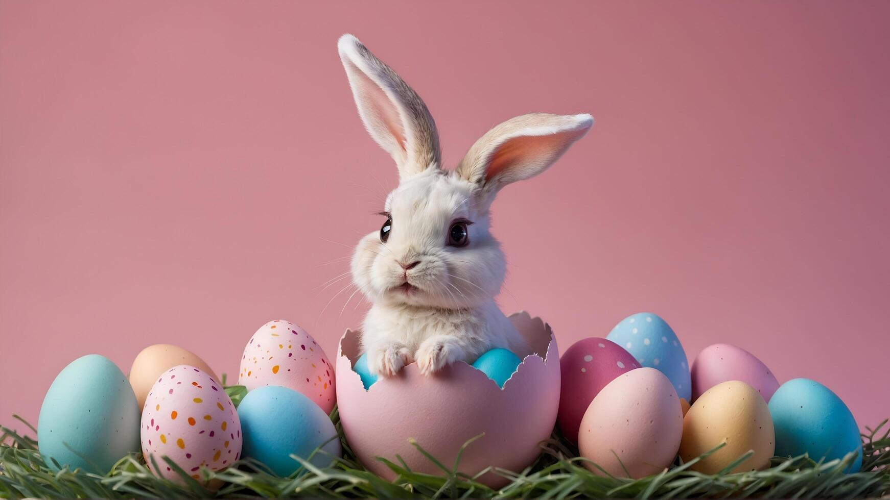 Adorable Cute Rabbit Happily Emerging from a Beautiful Easter Egg in Cheerful Pastel Colors photo