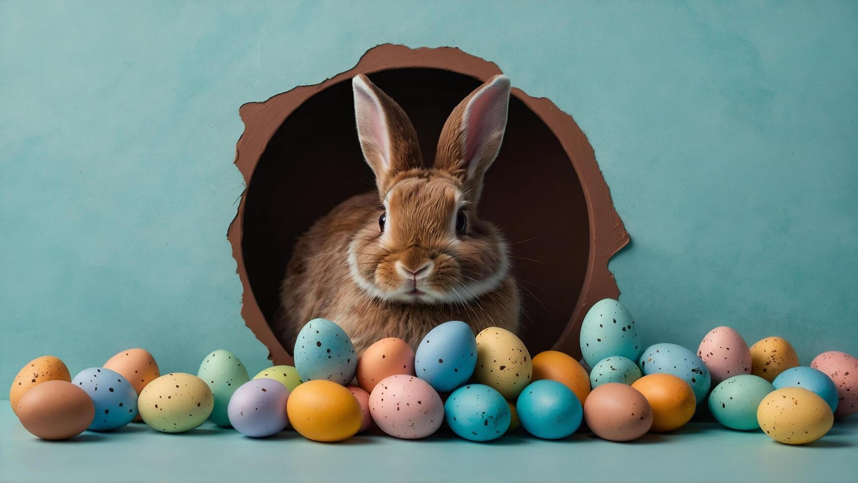 Adorable little Rabbit nestled inside a Chocolate Egg surrounded by Colorful Easter Eggs photo