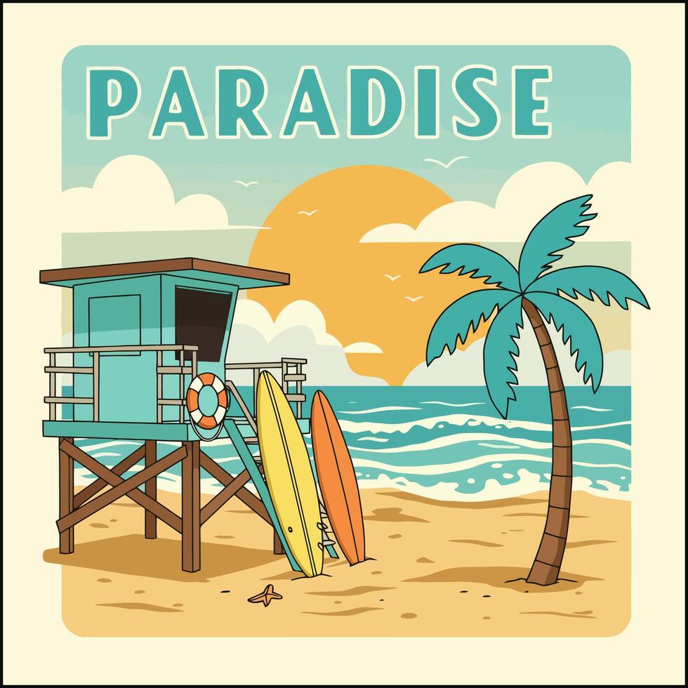 A serene beach scene depicts a lifeguard stand, surfboards, a palm tree, and a beautiful sunset over a tranquil ocean. vector