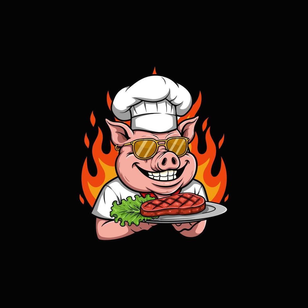 Chef Pig Grilled Steak, Flaming Grill, Cartoon Style vector