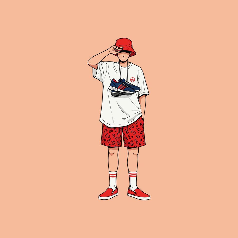 Stylish Man in Red Shorts and Bucket Hat Summer Fashion Illustration vector