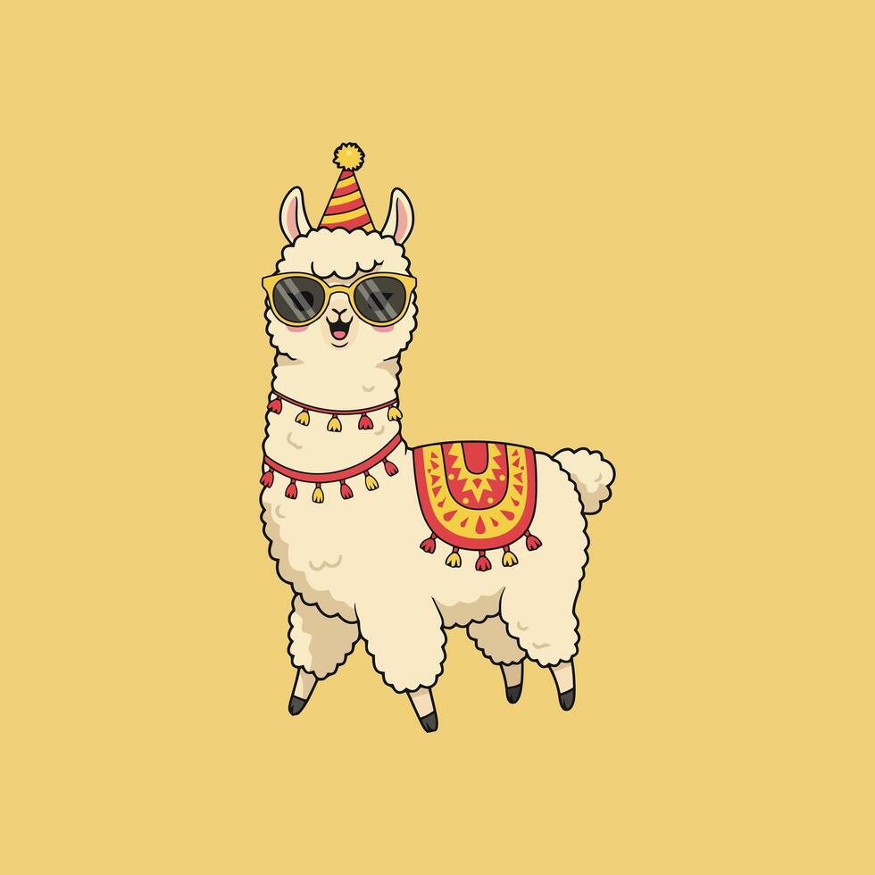 Party Llama Festive Alpaca in Sunglasses and Decorated Saddle vector