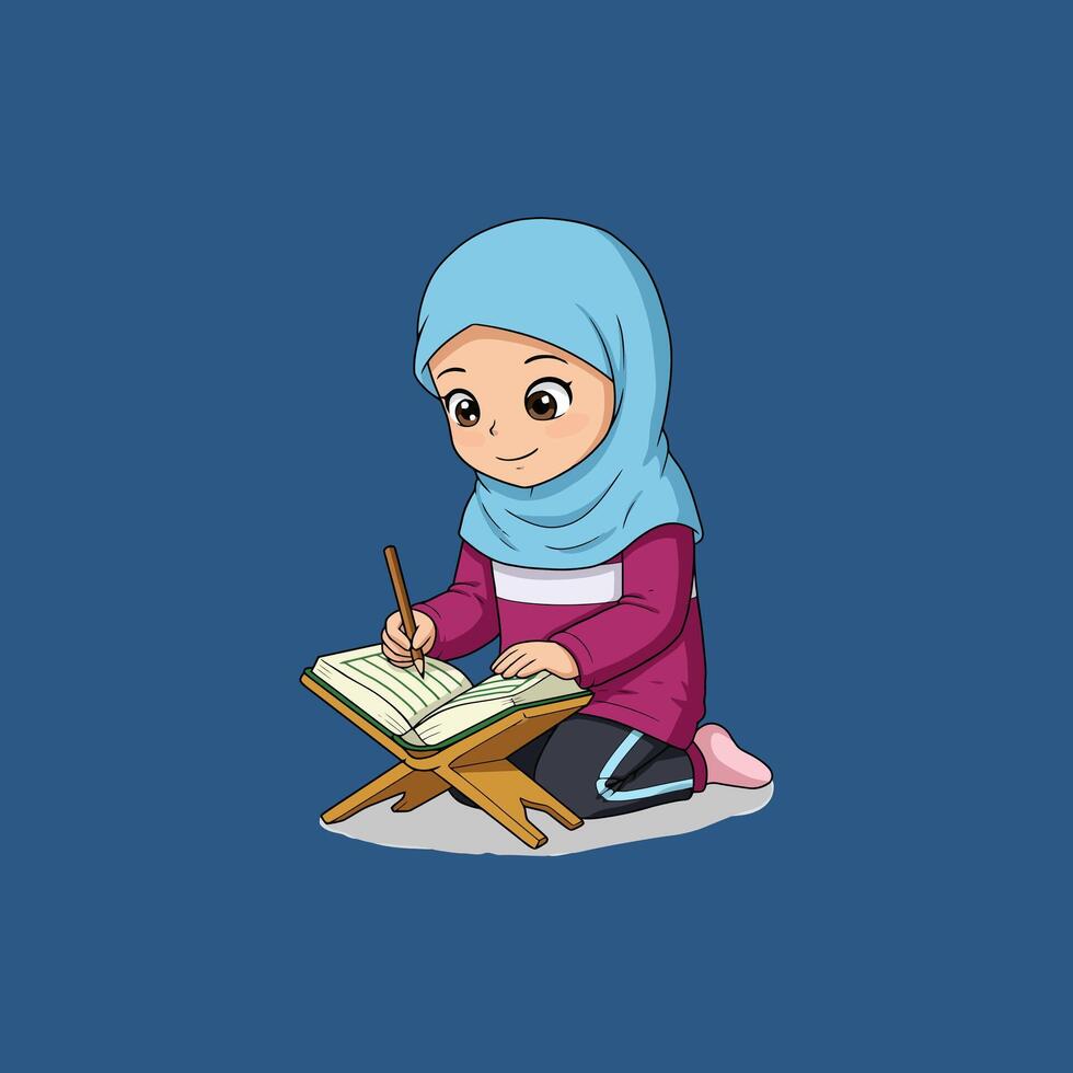Young Girl in Hijab Studiously Writing in Notebook vector