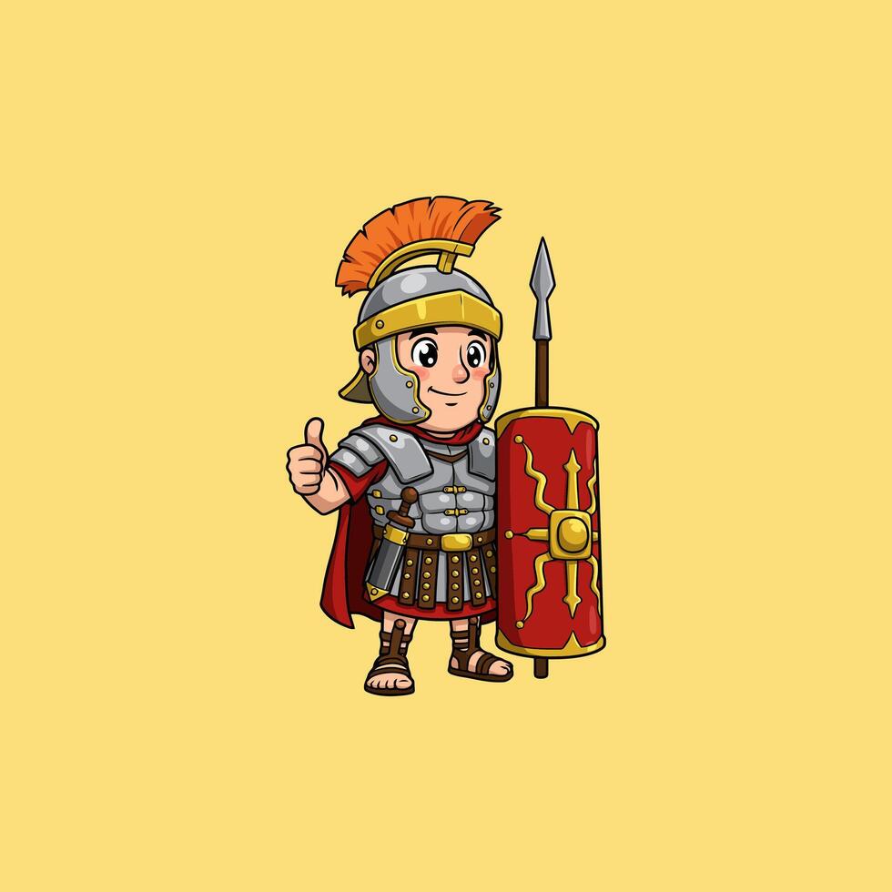 Cute Roman Soldier Cartoon Illustration Thumbs Up vector