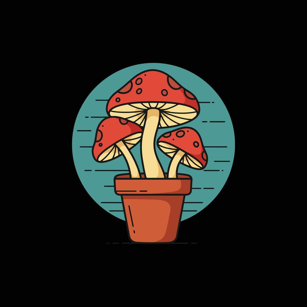 Charming Trio of Mushrooms in a Pot A Retro Line Art Illustration vector