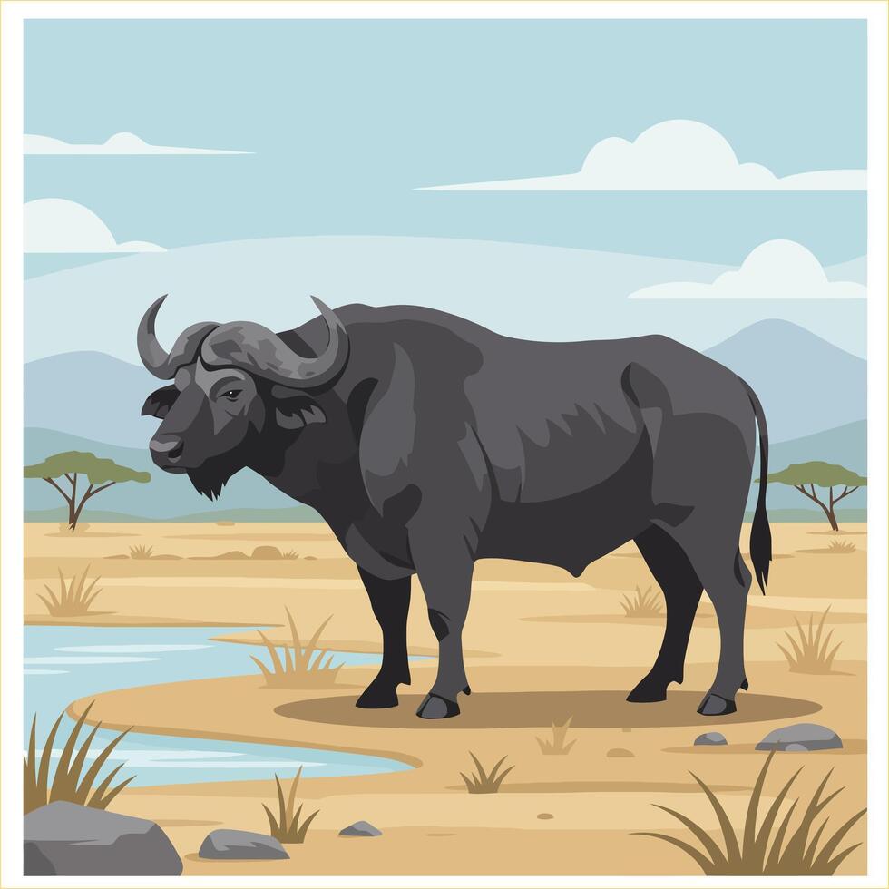 African Buffalo in Savannah Landscape Illustration vector