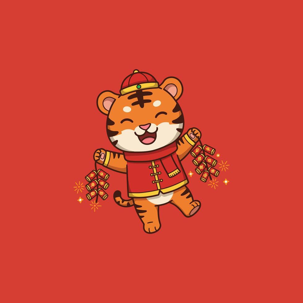 Cute Tiger Celebrates Chinese New Year with Firecrackers vector