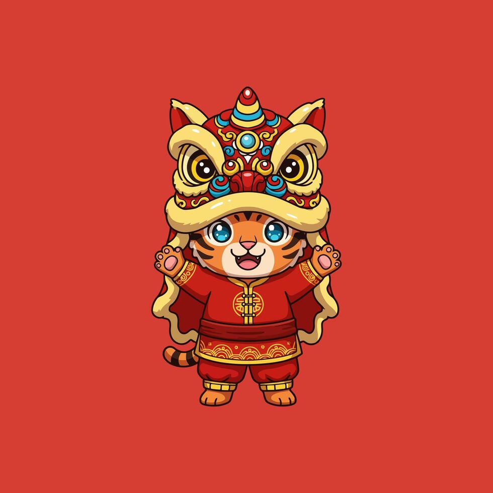 Adorable Tiger Cub in Lion Dance Costume for Lunar New Year vector