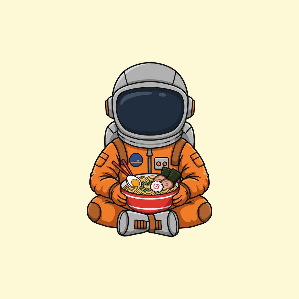 Cosmonaut's Cozy Ramen Bowl A Whimsical Cartoon Illustration vector