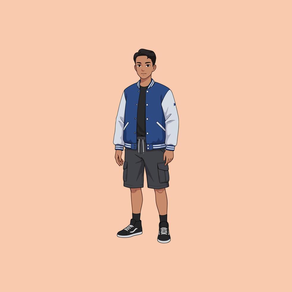 Stylish Cartoon Boy in Blue Varsity Jacket and Cargo Shorts vector