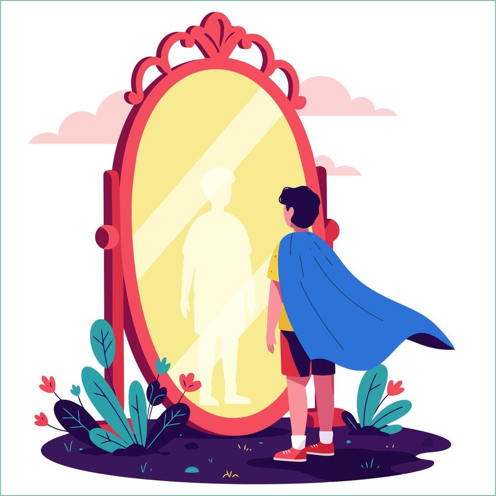 Boy in Superhero Cape Seeing His Reflection in a Mirror vector