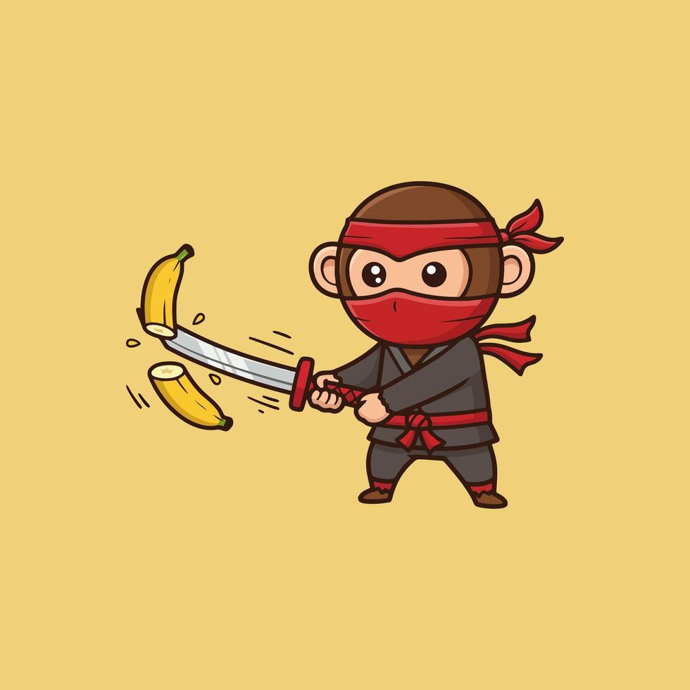 Adorable Ninja Monkey Slices Bananas with Katana Cartoon Illustration vector