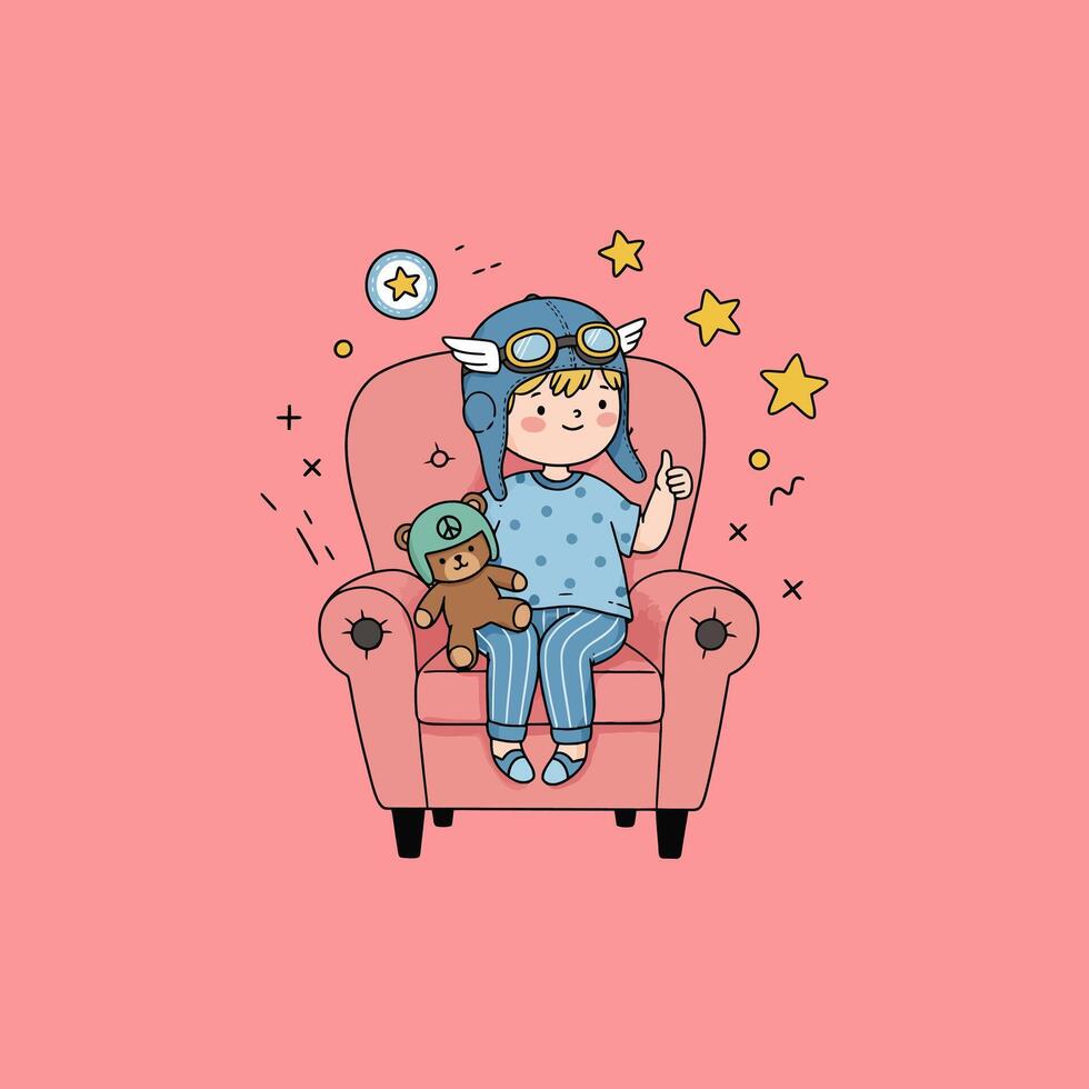 Cute Boy in Aviator Hat Sitting in Armchair with Teddy Bear vector